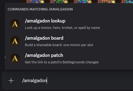Typing /amalgadon brings up the bot's commands