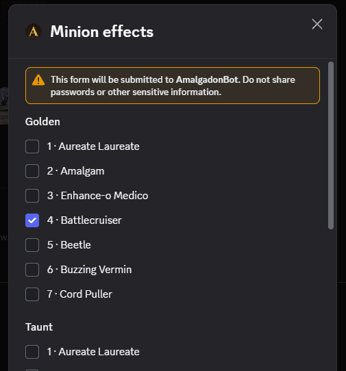 The effects form, with a section per effect listing the board's minions