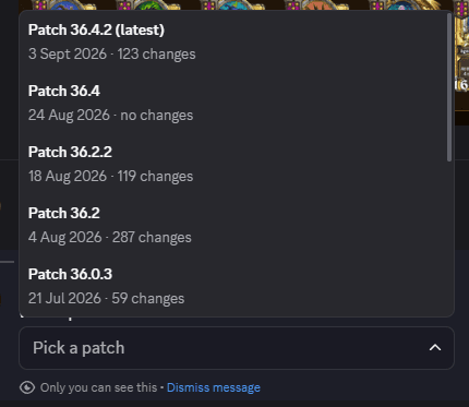 The patch dropdown, listing recent patches with their dates and change counts